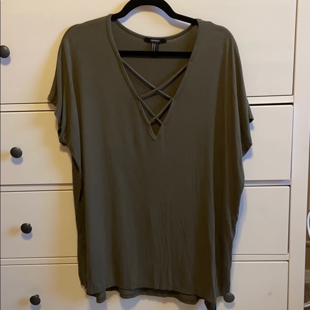 Forever 21 Oversized Olive Strappy V Neck- M